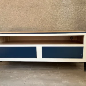 Meuble TV Ellipse Ivoire et bleu